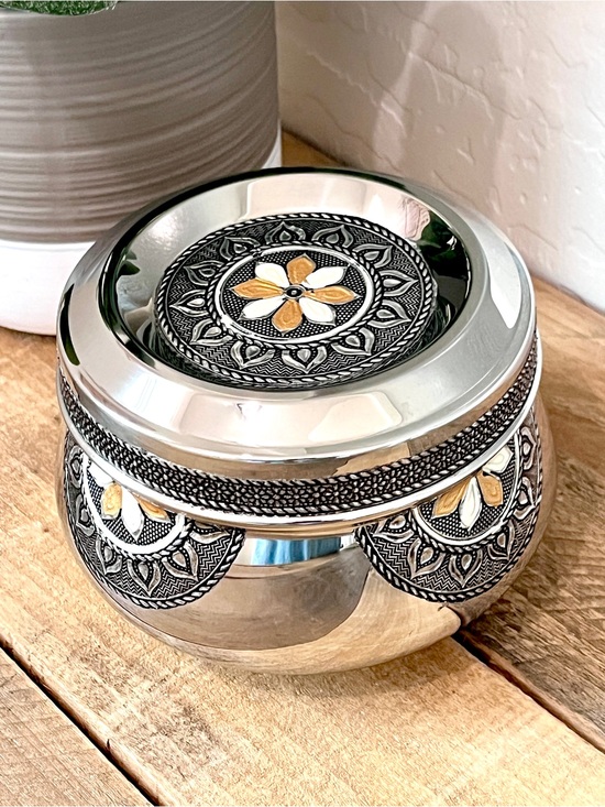 Indian Artisan Craft Other - Vintage Embossed Stainless Steel Belly Dabba Canister Meenakari Cookie Jar 5.5”